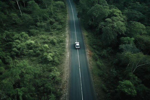 Foto un coche conduce por un camino con un bosque en el fondo