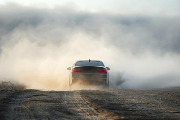 El coche conduce por un camino de tierra en las montañas