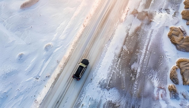 Foto coche conduce a lo largo de una carretera de asfalto a través de un desierto de arena blanca vista superior