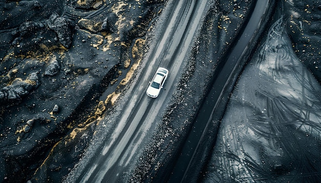 Foto coche conduce a lo largo de una carretera de asfalto a través de un desierto de arena negra vista superior