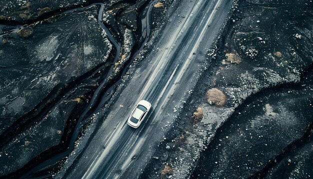 Foto coche conduce a lo largo de una carretera de asfalto a través de un desierto de arena negra vista superior