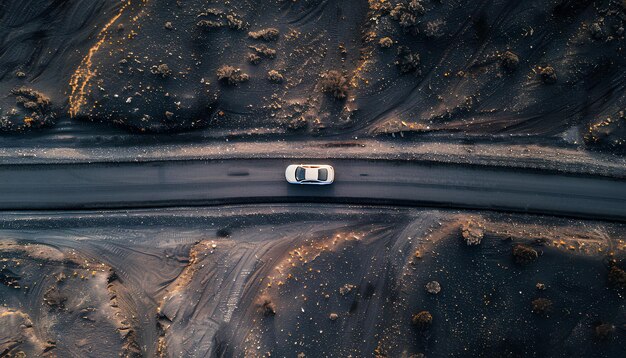 Foto coche conduce a lo largo de una carretera de asfalto a través de un desierto de arena negra vista superior