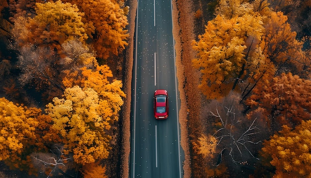 coche conduce a lo largo de la carretera entre el bosque de otoño vista superior