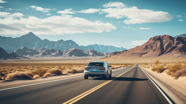 Un coche conduciendo por un camino del desierto con majestuoso