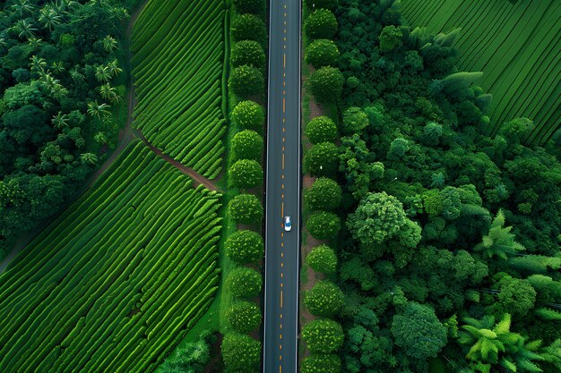 Un coche conduciendo por un camino a través de un campo verde exuberante