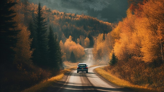 Un coche conduciendo por una carretera con árboles de otoño al fondo