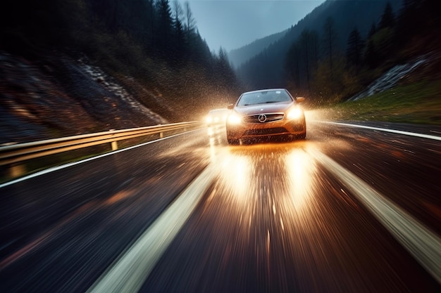 Foto un coche conduciendo por una carretera con las luces encendidas