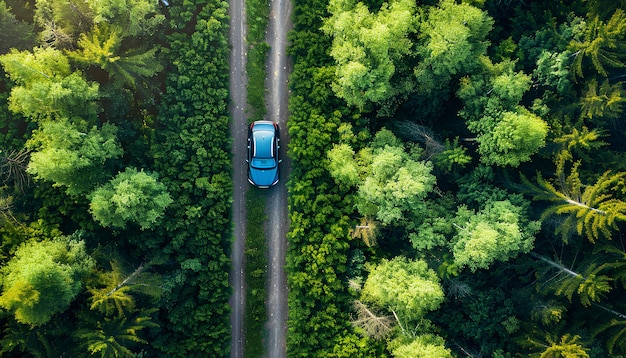 coche conduciendo a lo largo de una carretera de asfalto en la vista superior del bosque