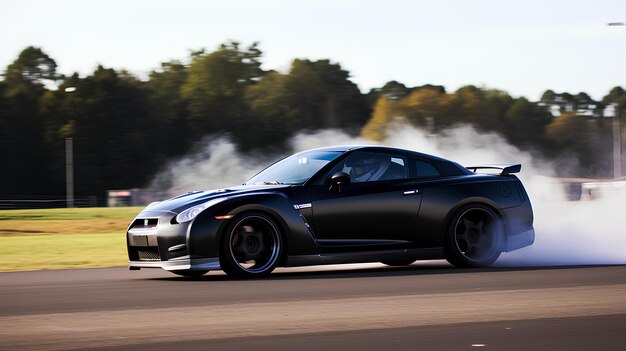 Foto coche conduciendo en una pista con mucho humo saliendo de ella ai generado