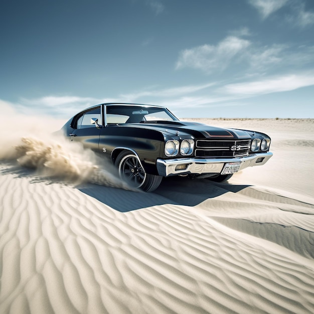 Foto un coche está conduciendo a través de la arena en el desierto