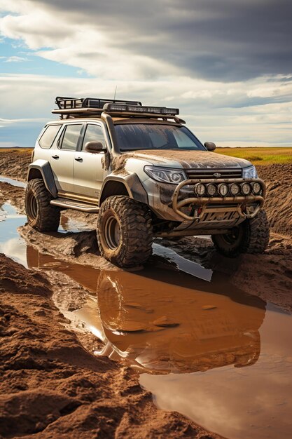 un coche conduciendo a través de un charco de barro