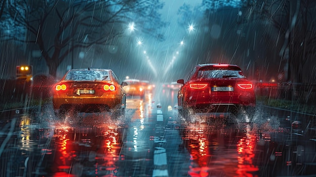 El coche conduciendo a través de la lluvia en la carretera por la noche