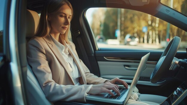 Coche sin conductor con una mujer de negocios trabajando en una computadora portátil