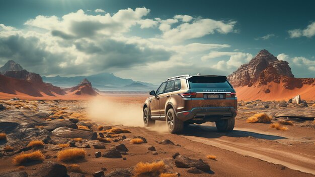 El coche corre en el desierto todoterreno por la mañana, vida de aventuras al aire libre generada por IA.