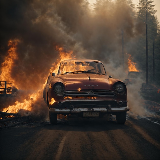 Coche cruzando desde el fondo de imagen de fuego