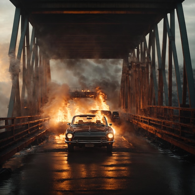 Coche cruzando desde el fondo de imagen de fuego