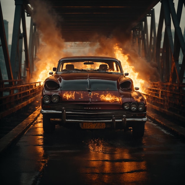 Coche cruzando desde el fondo de imagen de fuego