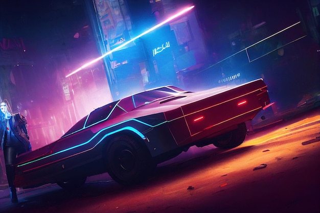 Coche cyberpunk en el fondo de la ilustración de la ciudad