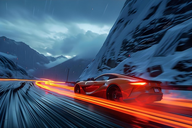 Foto coche d de alta velocidad a la deriva en una autopista nocturna en un juego de simulador de carreras concept racing simulator night highway highspeed drifting 3d car realidad virtual