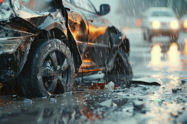 Coche dañado en un accidente de tráfico durante la lluvia aislado en blanco