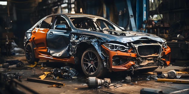 Foto coche dañado en taller de reparación después de un accidente a la espera de restauración y reparaciones concepto reparación de carrocería de automóviles análisis de accidentes de automóviles restauración de vehículos reclamaciones de seguros de automóviles proceso de reparación de colisión