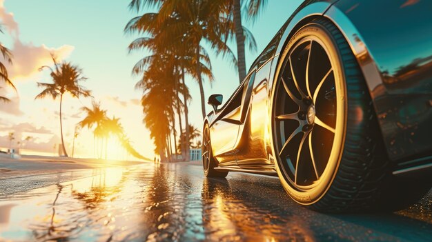 Un coche deportivo acelera a lo largo de la costa de Miami Beach rodeado de palmeras que exudan una velocidad