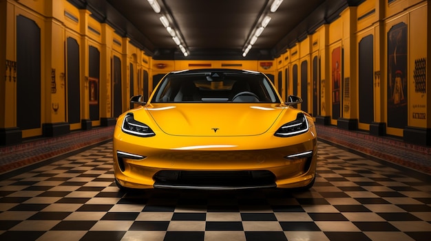 coche deportivo amarillo arafed estacionado en un largo pasillo con suelo a cuadros en blanco y negro generativo ai