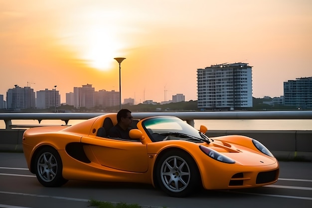 Coche deportivo americano en el fondo de la puesta del sol y la red neuronal de palmeras generada por ai