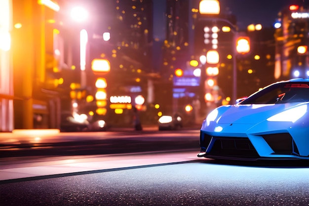 Foto coche deportivo azul en la carretera por la noche