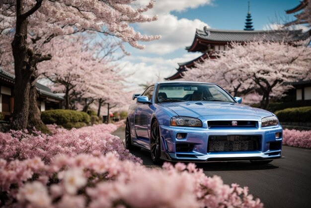 Foto coche deportivo azul contra el fondo de las flores de cerezo