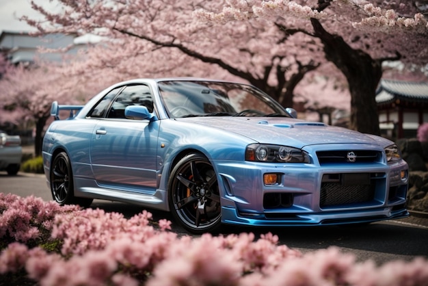 Coche deportivo azul contra el fondo de las flores de cerezo