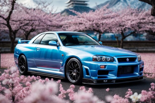 Foto coche deportivo azul contra el fondo de las flores de cerezo