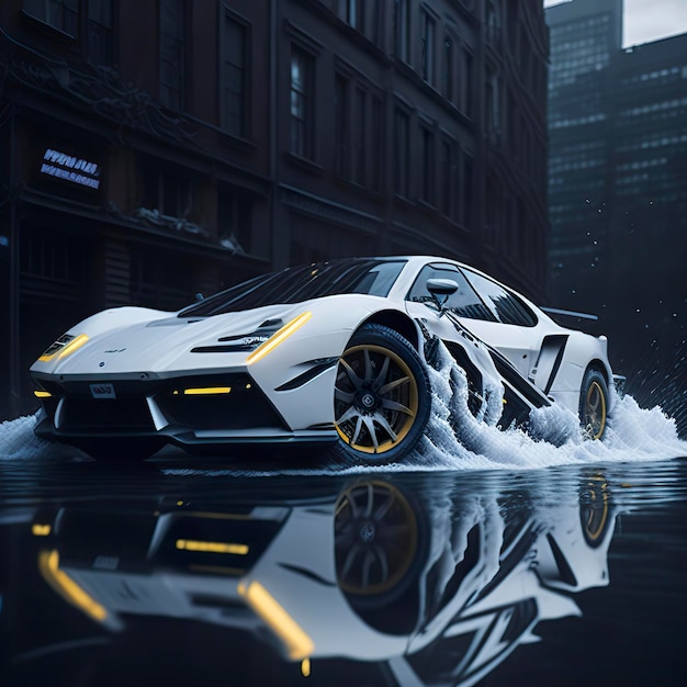 Un coche deportivo blanco con un diseño negro y amarillo circula por una calle mojada de la ciudad.