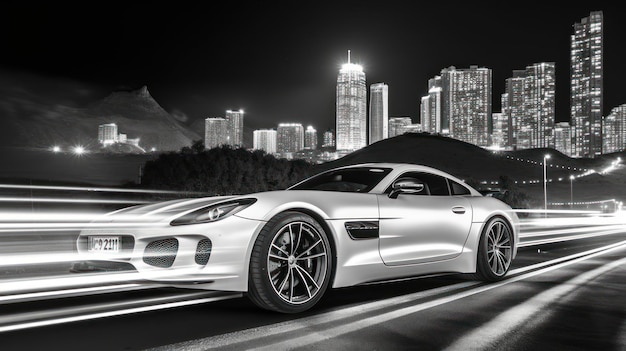 Un coche deportivo blanco con un fondo blanco y negro.