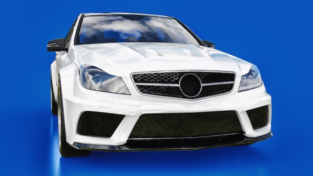 Coche deportivo blanco súper rápido sobre un fondo azul. Sedán con forma de cuerpo. Tuning es una versión de un automóvil familiar común. Representación 3D.