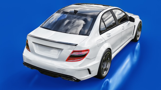 Coche deportivo blanco súper rápido sobre un fondo azul. Sedán con forma de cuerpo. Tuning es una versión de un automóvil familiar común. Representación 3D.