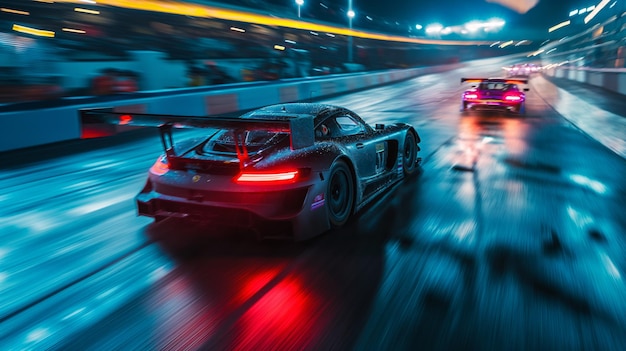 Coche deportivo borrón de movimiento de carrera entre dos coches en la hora azul lluvia con luces en la carretera Coche Deportivo en asfalto mojado alta velocidad