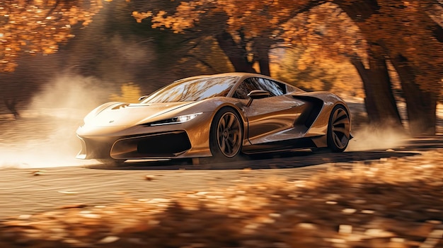 Coche deportivo en la carretera en el bosque de otoño renderización 3d