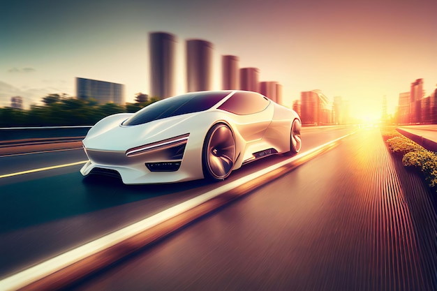 Coche deportivo eléctrico que circula por la carretera de la mañana en la ciudad del futuro Creado con tecnología de IA generativa