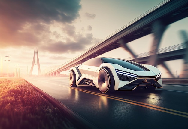 Coche deportivo eléctrico que corre en la carretera matutina en la ciudad del futuro creado con tecnología de IA generativa