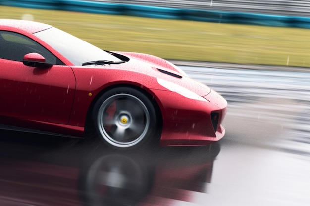 Foto coche deportivo eléctrico rojo genérico que conduce rápido a la vuelta de la esquina en pista mojada