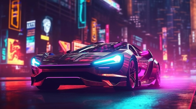 Coche deportivo futurista con luces de neón en la calle de la ciudad cyberpunk AI generativa