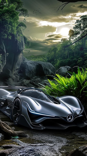 Foto coche deportivo futurista en la naturaleza