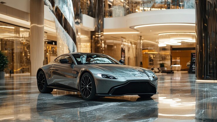 Foto coche deportivo de lujo expuesto en el atrio de un centro comercial moderno