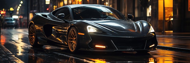 Foto coche deportivo de lujo negro en la ciudad por la noche