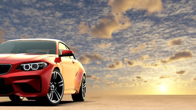 Coche deportivo sin marca genérico rojo con fondo de puesta de sol