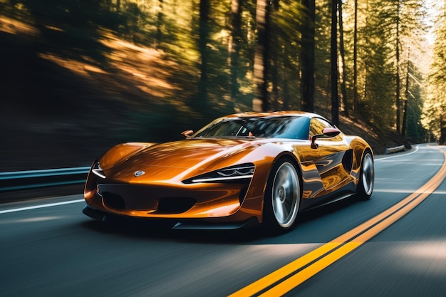 Un coche deportivo naranja está conduciendo en una carretera de asfalto a través de un bosque a alta velocidad