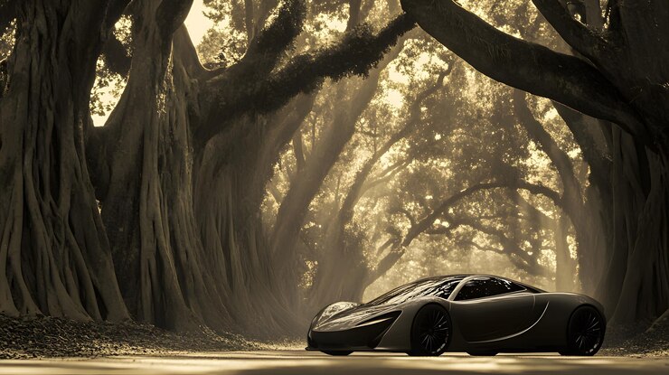 Un coche deportivo negro estacionado en un bosque místico