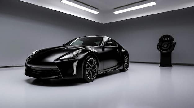 Un coche deportivo nissan 370z negro en un garaje