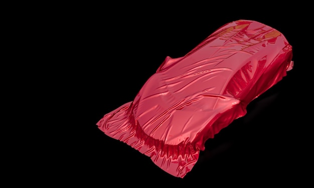 Coche deportivo oculto por una manta roja en render 3d negro